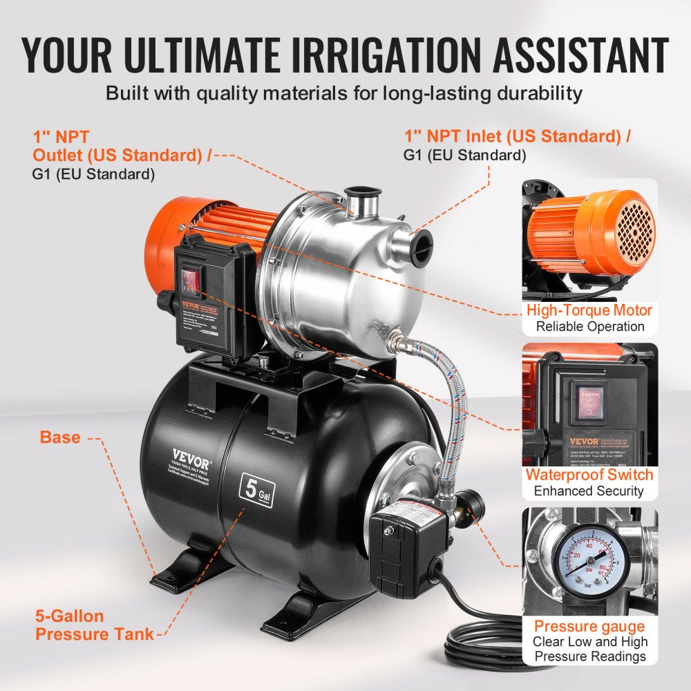 VEVOR 1HP Shallow Well Pump with Pressure Tank 1000GPH Irrigation Booster Pump 