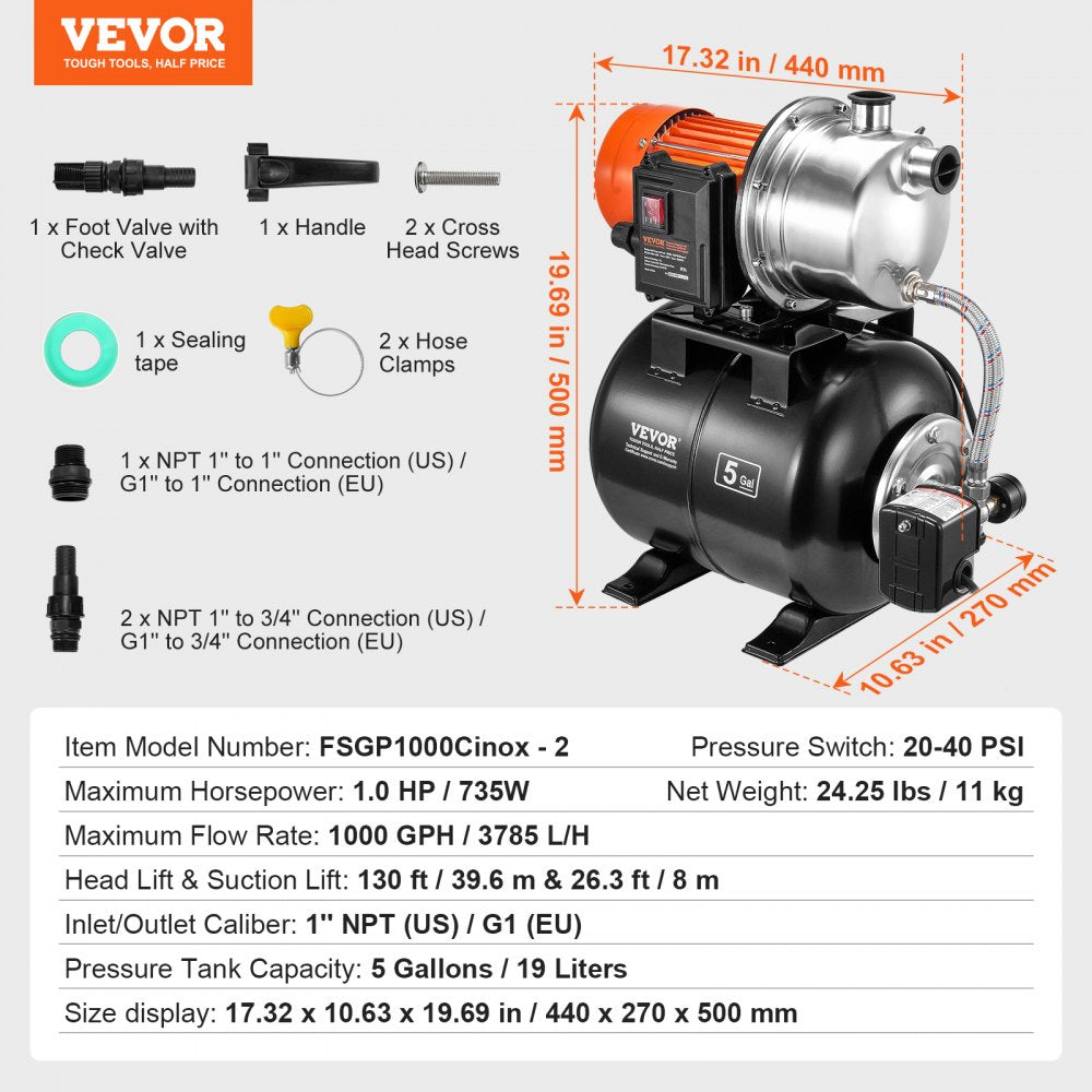 VEVOR 1HP Shallow Well Pump with Pressure Tank 1000GPH Irrigation Booster Pump 