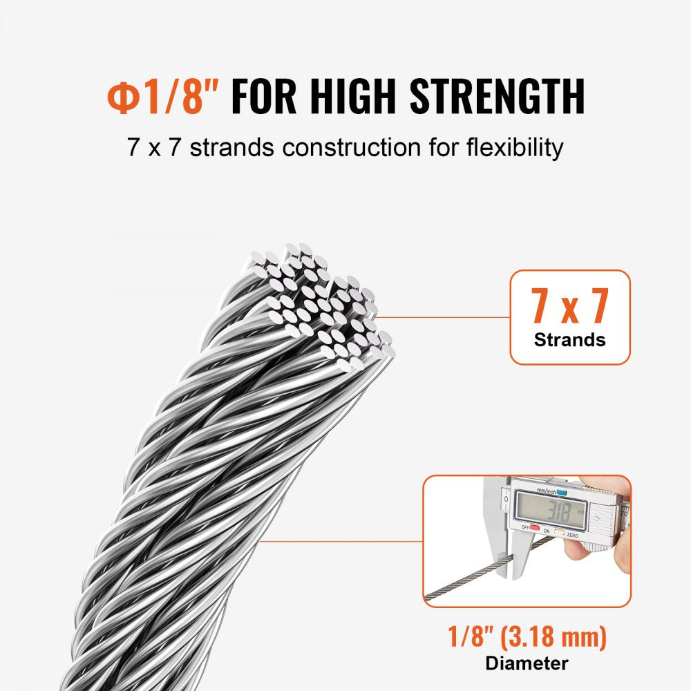 VEVOR T304 Stainless Steel Cable 1/8" 7x7 Steel Wire Rope 100 ft Cable Railing 