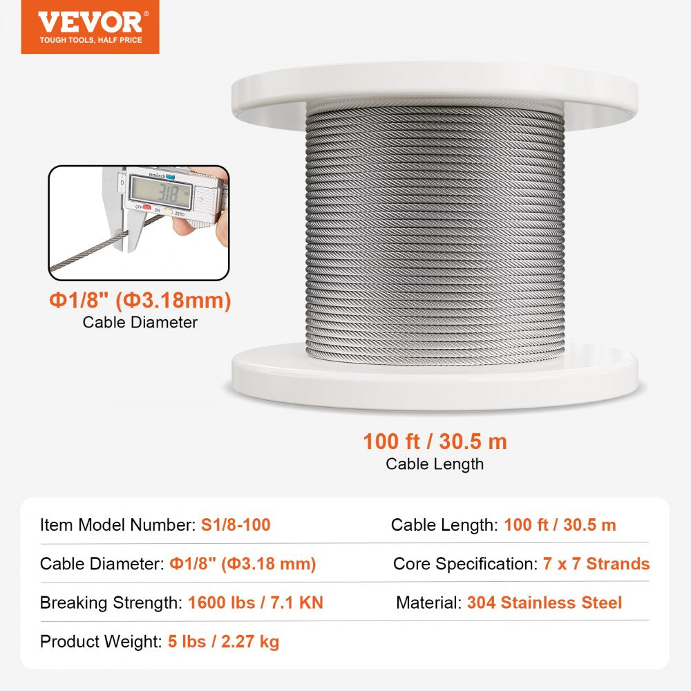 VEVOR T304 Stainless Steel Cable 1/8" 7x7 Steel Wire Rope 100 ft Cable Railing 
