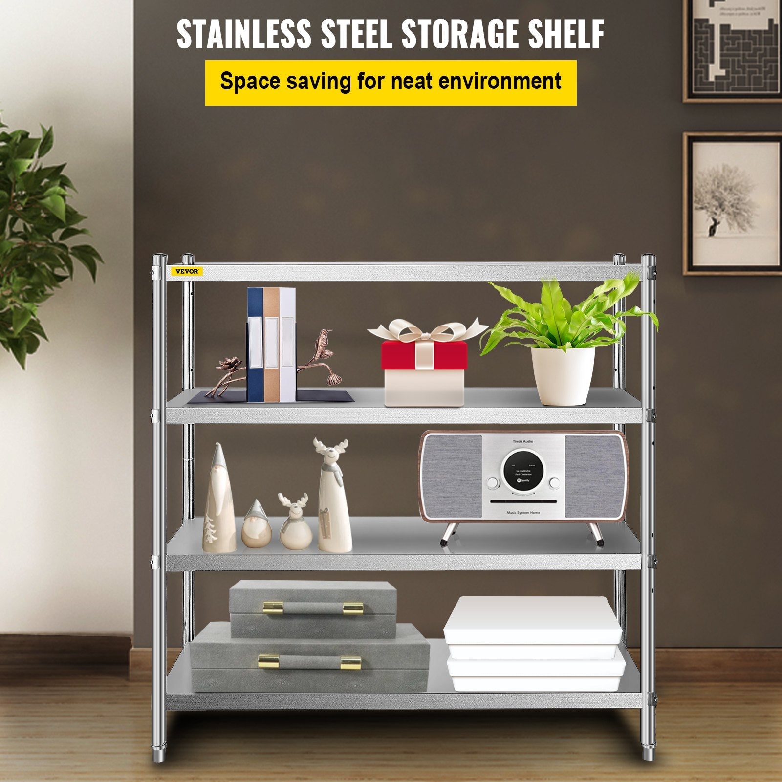 VEVOR Stainless Steel Shelving 60x18.5 Inch 4 Tier Adjustable Shelf Storage Unit Stainless Steel Heavy Duty Shelving for Kitchen Commercial Office Garage Storage 330lb Per Shelf 
