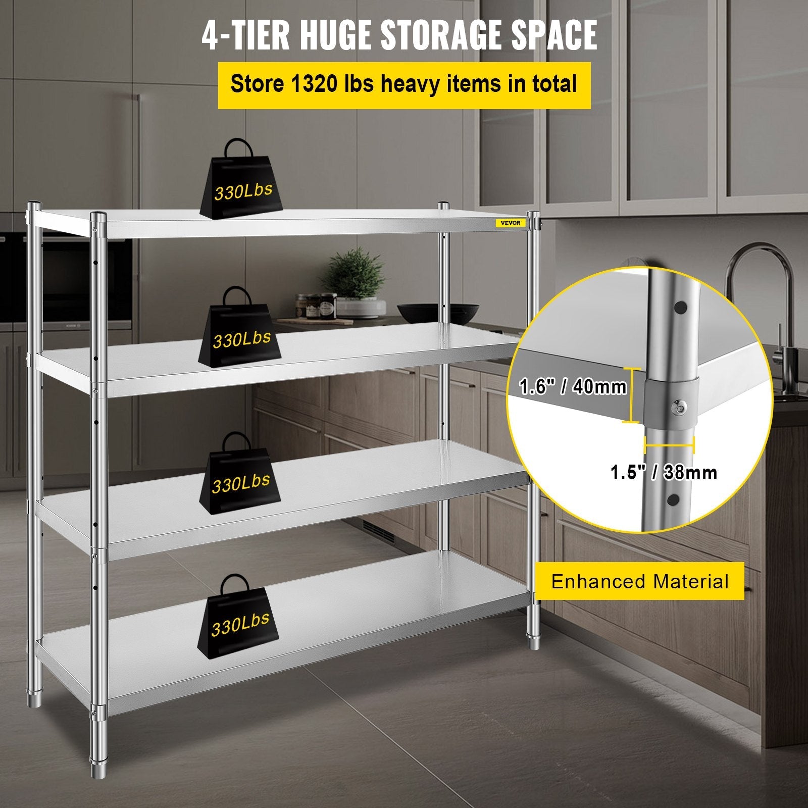 VEVOR Stainless Steel Shelving 60x18.5 Inch 4 Tier Adjustable Shelf Storage Unit Stainless Steel Heavy Duty Shelving for Kitchen Commercial Office Garage Storage 330lb Per Shelf 