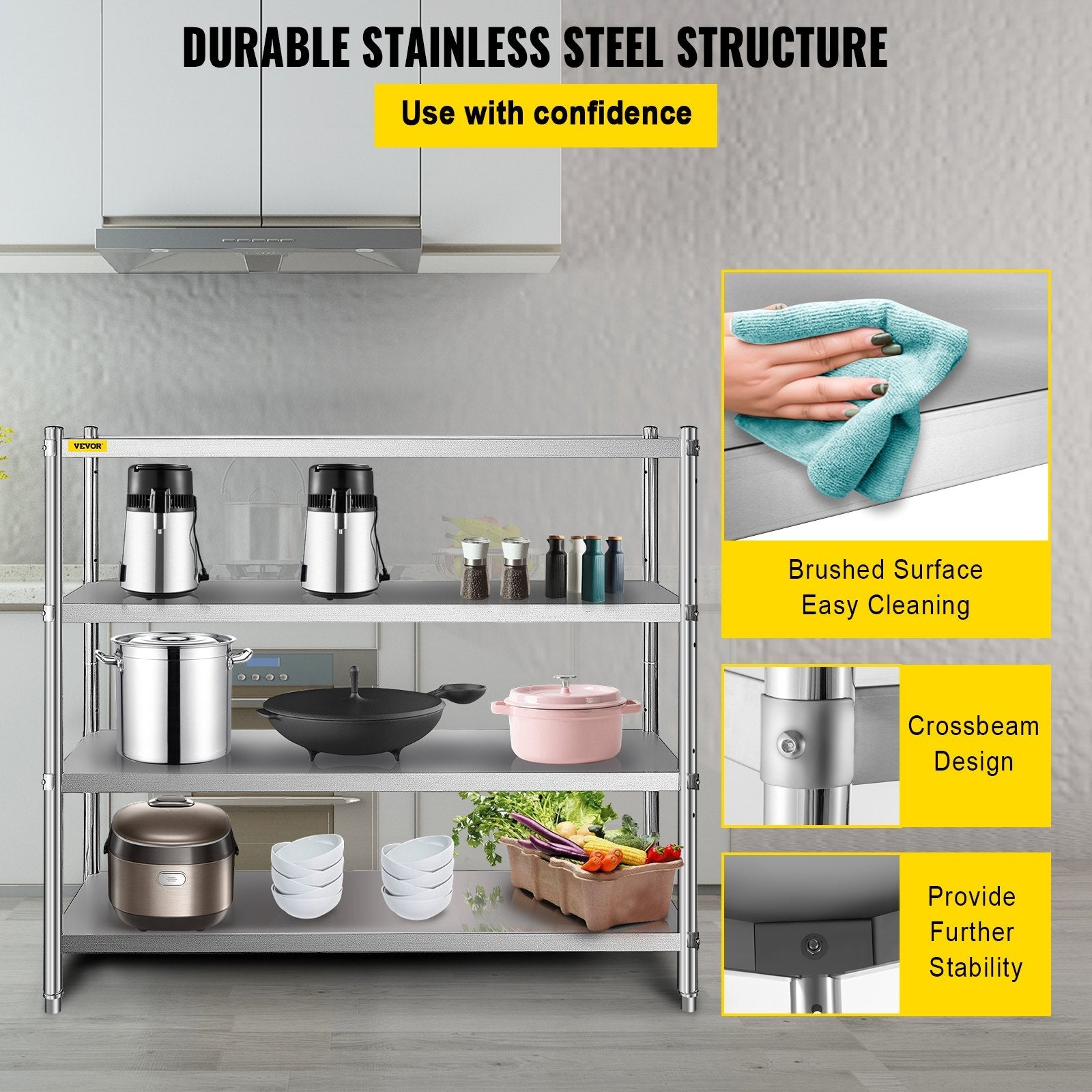 VEVOR Stainless Steel Shelving 60x18.5 Inch 4 Tier Adjustable Shelf Storage Unit Stainless Steel Heavy Duty Shelving for Kitchen Commercial Office Garage Storage 330lb Per Shelf 