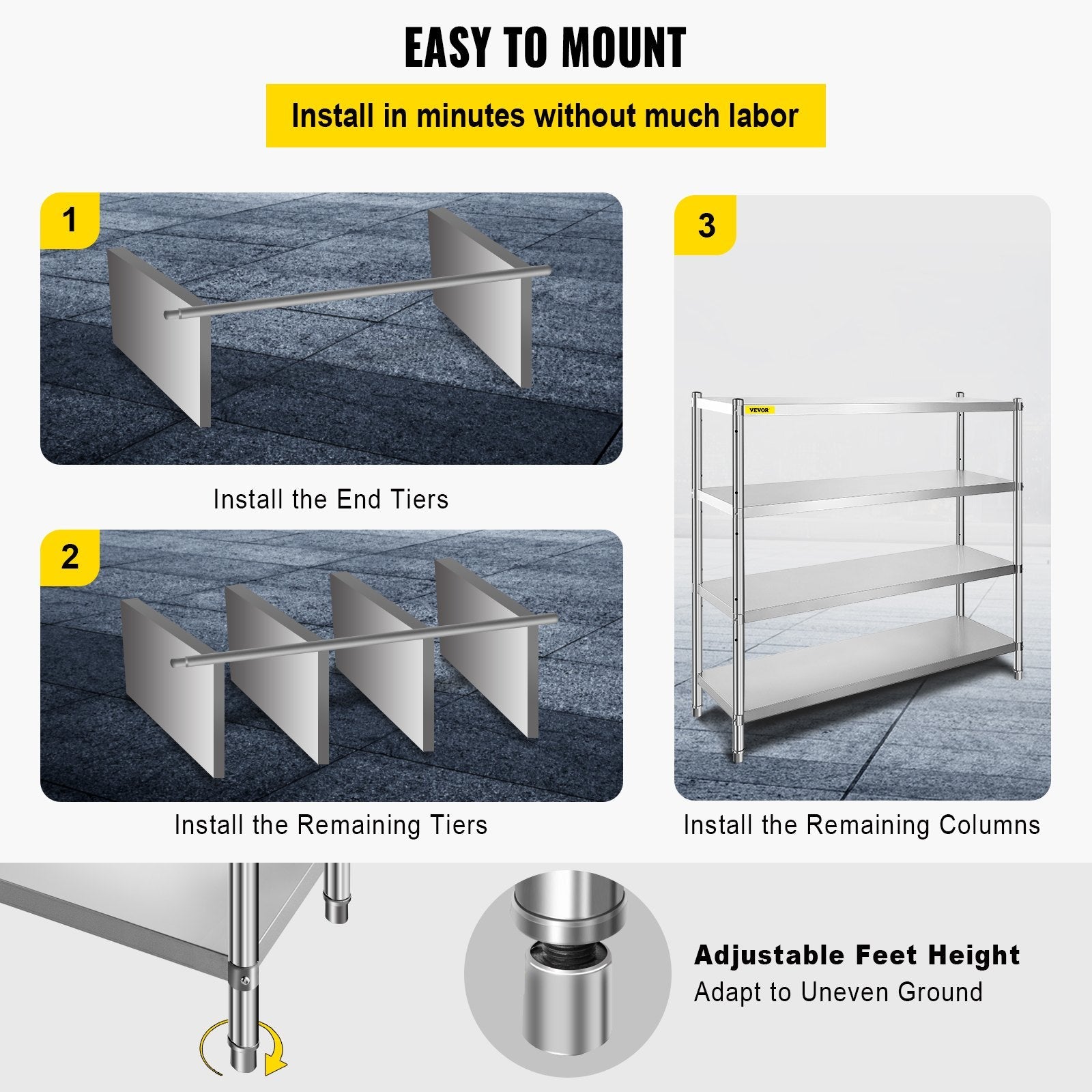 VEVOR Stainless Steel Shelving 60x18.5 Inch 4 Tier Adjustable Shelf Storage Unit Stainless Steel Heavy Duty Shelving for Kitchen Commercial Office Garage Storage 330lb Per Shelf 