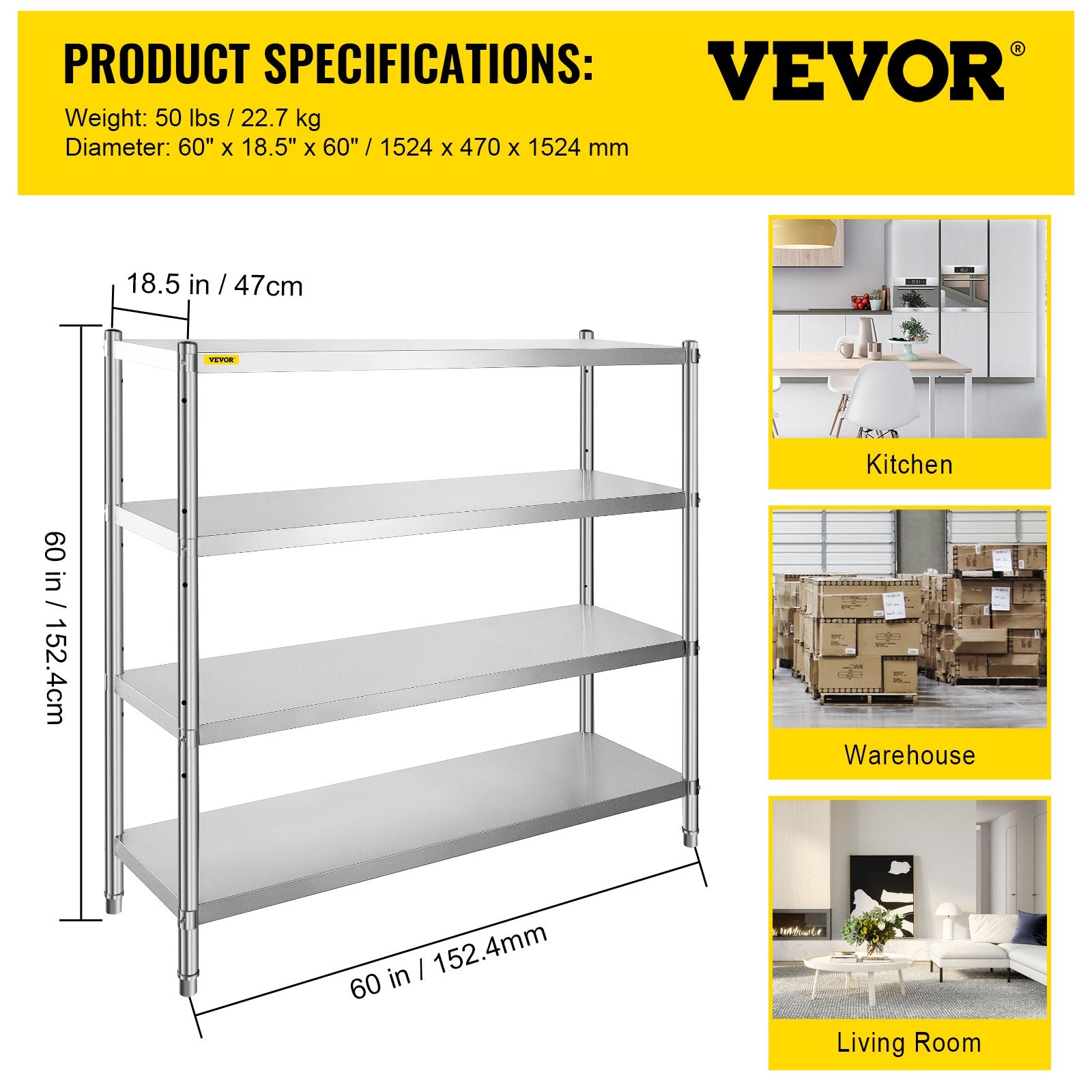 VEVOR Stainless Steel Shelving 60x18.5 Inch 4 Tier Adjustable Shelf Storage Unit Stainless Steel Heavy Duty Shelving for Kitchen Commercial Office Garage Storage 330lb Per Shelf 