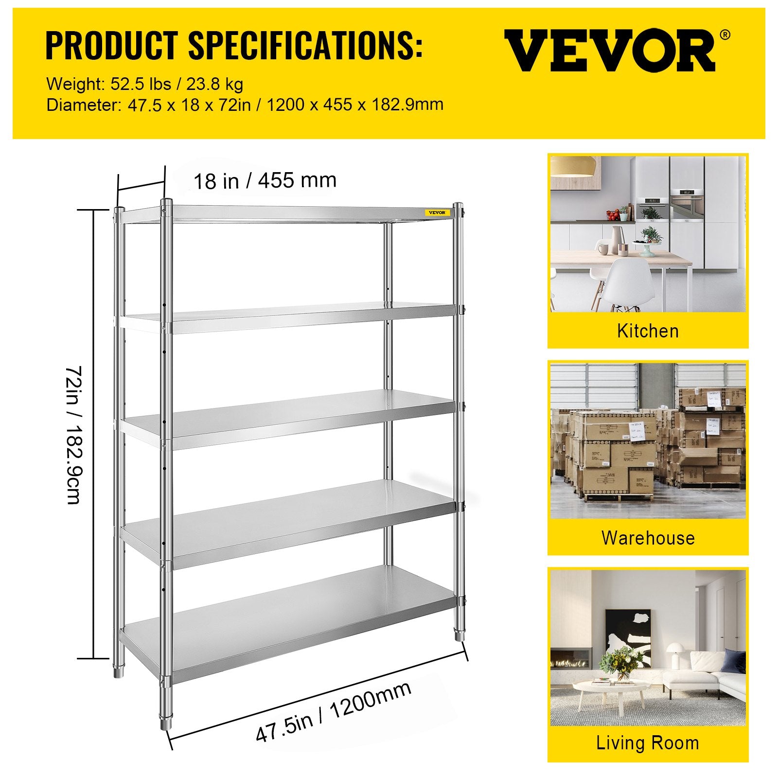 VEVOR Stainless Steel Shelving 48x18.5 Inch 5 Tier Adjustable Shelf Storage Unit Stainless Steel Heavy Duty Shelving for Kitchen Commercial Office Garage Storage 330lb Per Shelf 