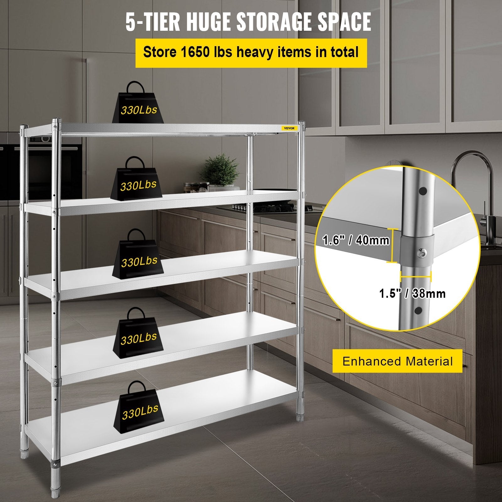 VEVOR Stainless Steel Shelving 60x18.5 Inch 5 Tier Adjustable Shelf Storage Unit Stainless Steel Heavy Duty Shelving for Kitchen Commercial Office Garage Storage 330lb Per Shelf 
