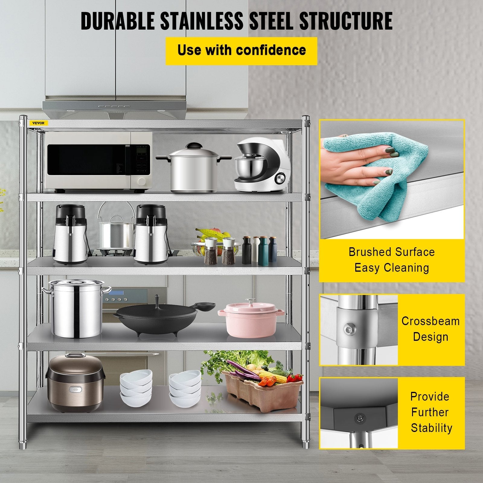VEVOR Stainless Steel Shelving 60x18.5 Inch 5 Tier Adjustable Shelf Storage Unit Stainless Steel Heavy Duty Shelving for Kitchen Commercial Office Garage Storage 330lb Per Shelf 