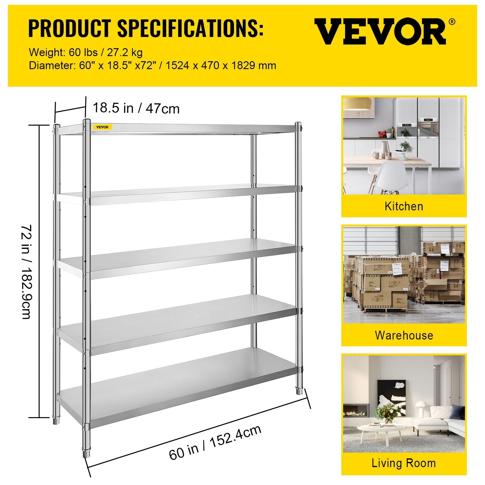 VEVOR Stainless Steel Shelving 60x18.5 Inch 5 Tier Adjustable Shelf Storage Unit Stainless Steel Heavy Duty Shelving for Kitchen Commercial Office Garage Storage 330lb Per Shelf 