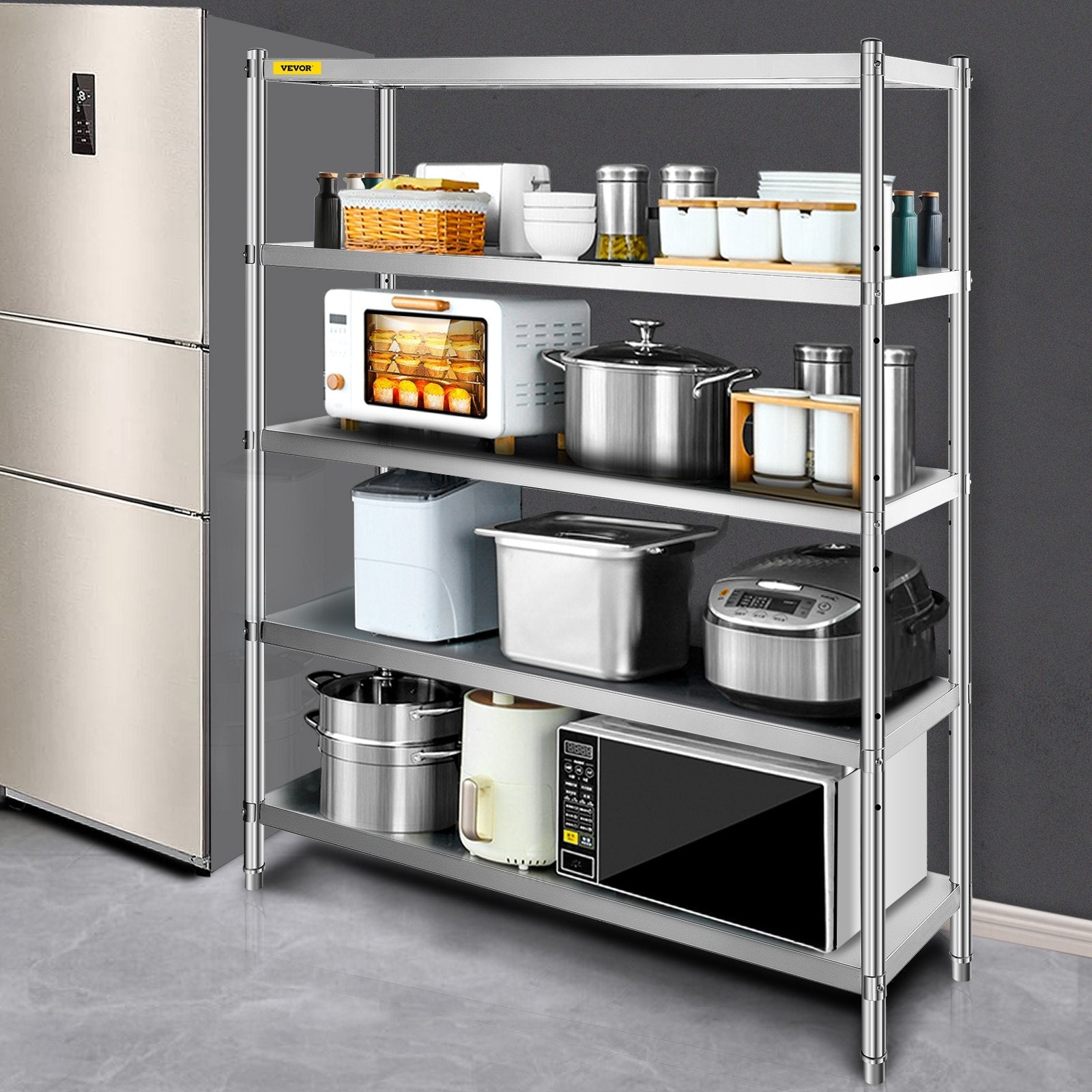 VEVOR Stainless Steel Shelving 60x18.5 Inch 5 Tier Adjustable Shelf Storage Unit Stainless Steel Heavy Duty Shelving for Kitchen Commercial Office Garage Storage 330lb Per Shelf 