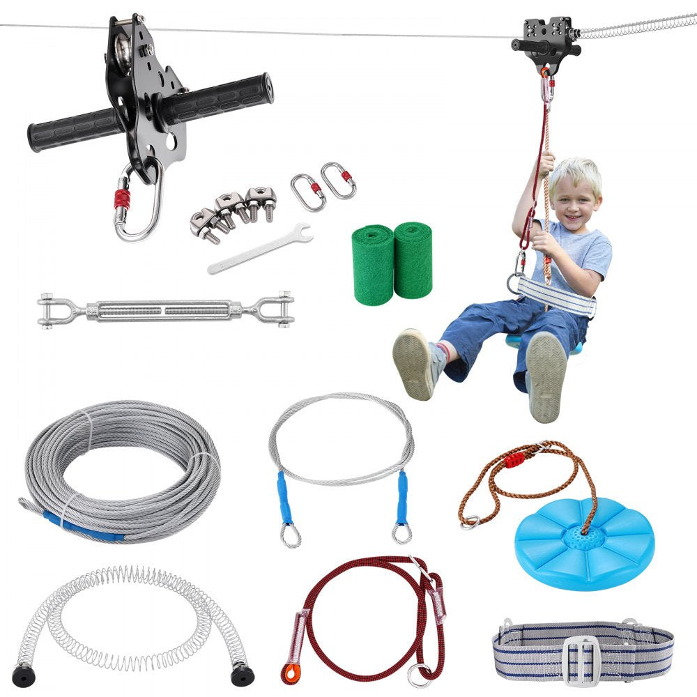 EVOR Zipline Kit for Kids and Adult, 100 ft Zip Line Kits Up to 500 lb, Backyard Outdoor Quick Setup Zipline, Playground Entertainment with Stainless Steel Zipline, Spring Brake, Safety Harness, Seat 