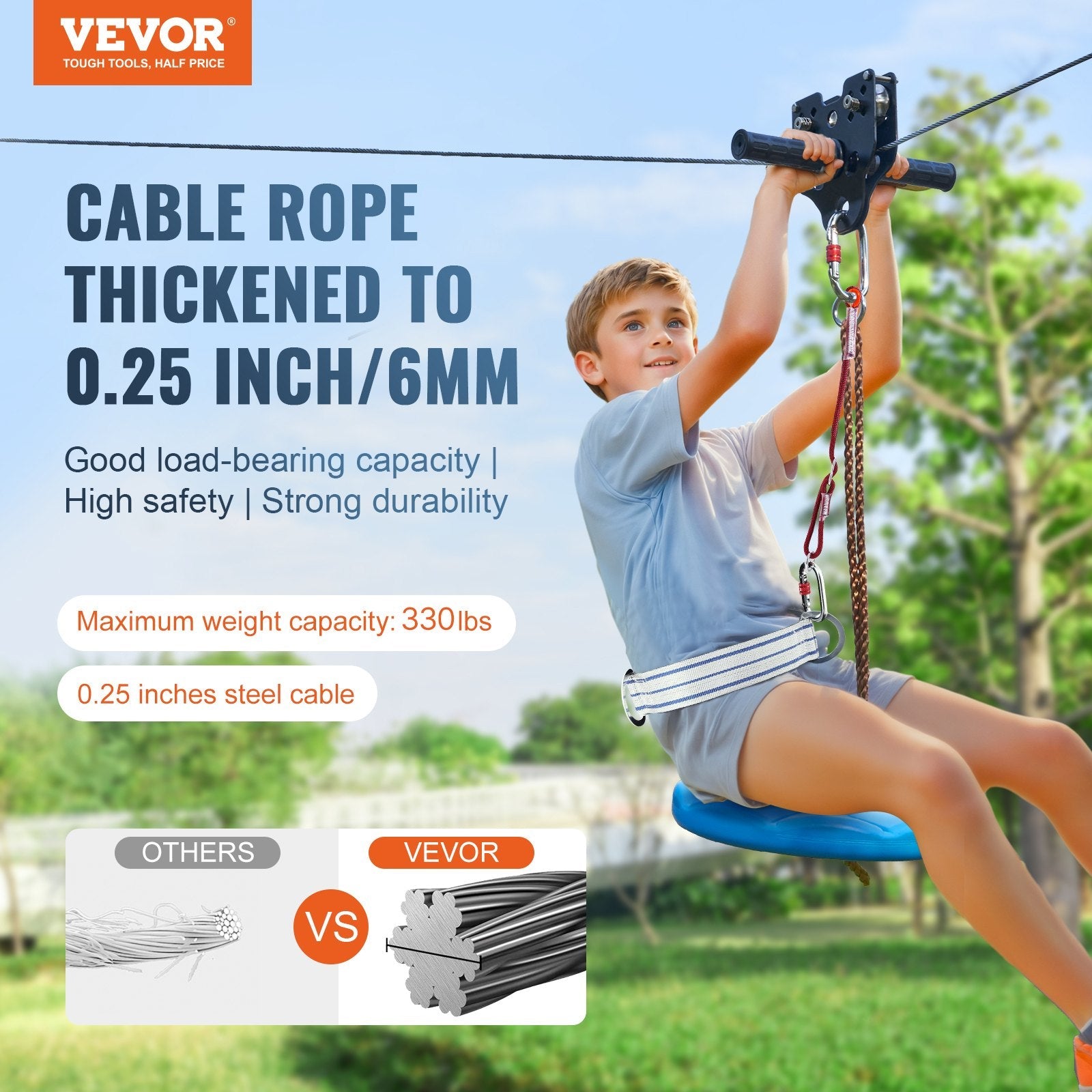 VEVOR Zipline Kit for Kids and Adult, 80 ft Zip Line Kits Up to 500 lb, Backyard Outdoor Quick Setup Zipline, Playground Entertainment with Stainless Steel Zipline, Spring Brake, Safety Harness, Seat 