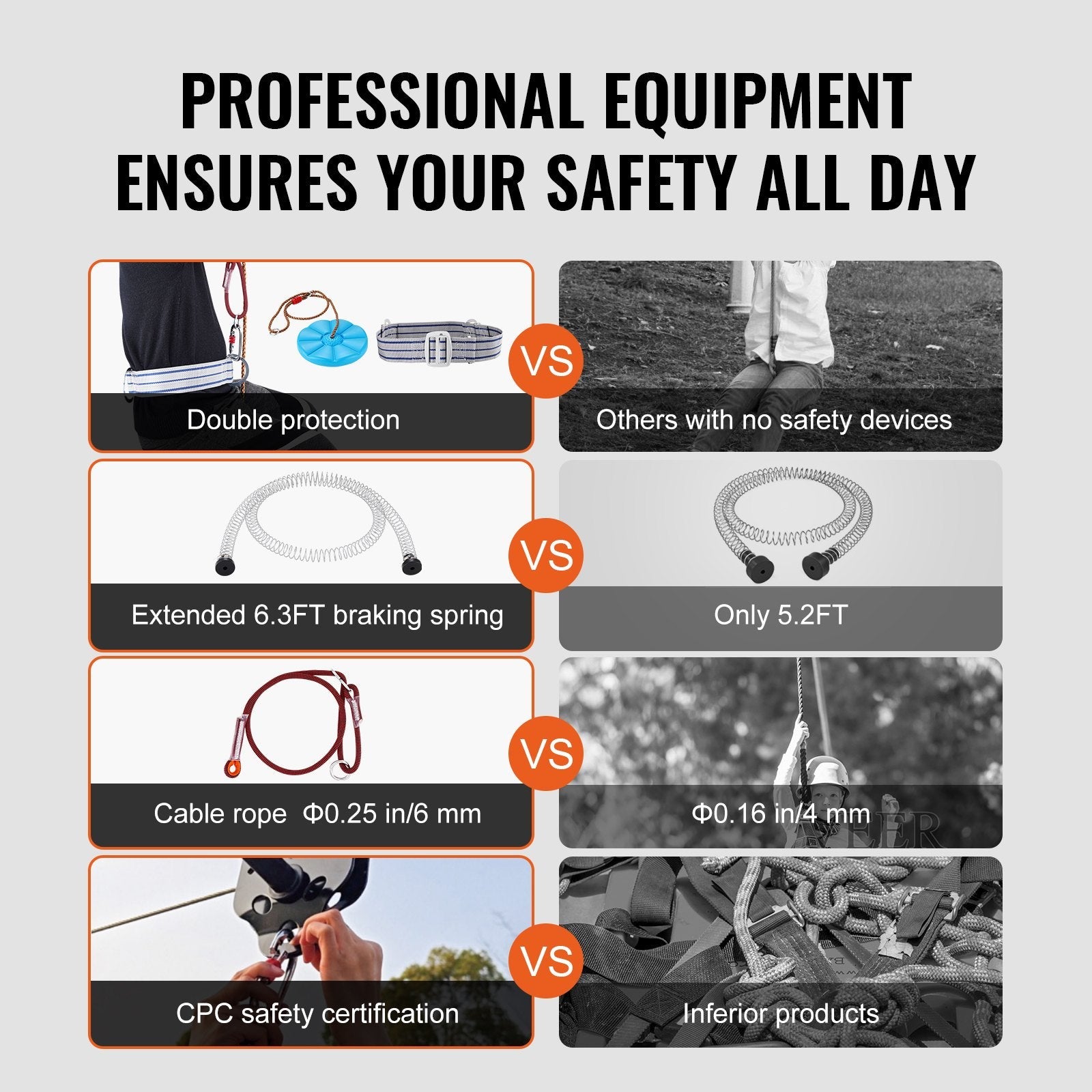 VEVOR Zipline Kit for Kids and Adult, 80 ft Zip Line Kits Up to 500 lb, Backyard Outdoor Quick Setup Zipline, Playground Entertainment with Stainless Steel Zipline, Spring Brake, Safety Harness, Seat 