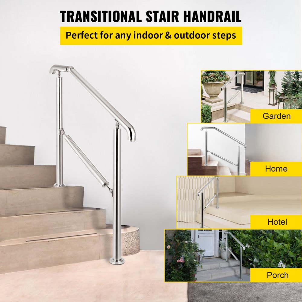 VEVOR 3 Step Railing Stainless Steel Transitional Handrail fit for Level Surface and 1 to 3 Steps Adjustable Stair Railing Indoor Outdoor Step Railings 220lb Capacity W/ Installation Kit Porch DIY 