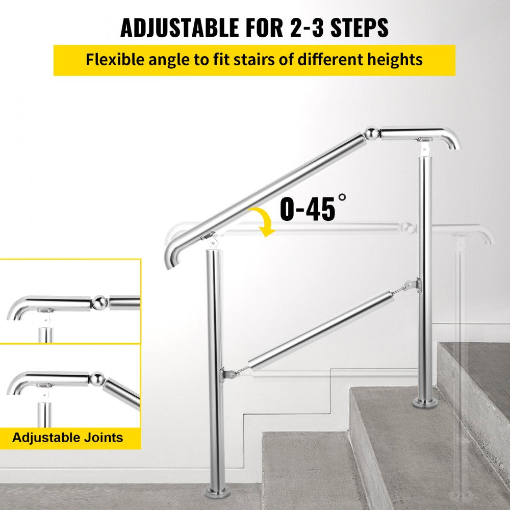VEVOR 3 Step Railing Stainless Steel Transitional Handrail fit for Level Surface and 1 to 3 Steps Adjustable Stair Railing Indoor Outdoor Step Railings 220lb Capacity W/ Installation Kit Porch DIY 