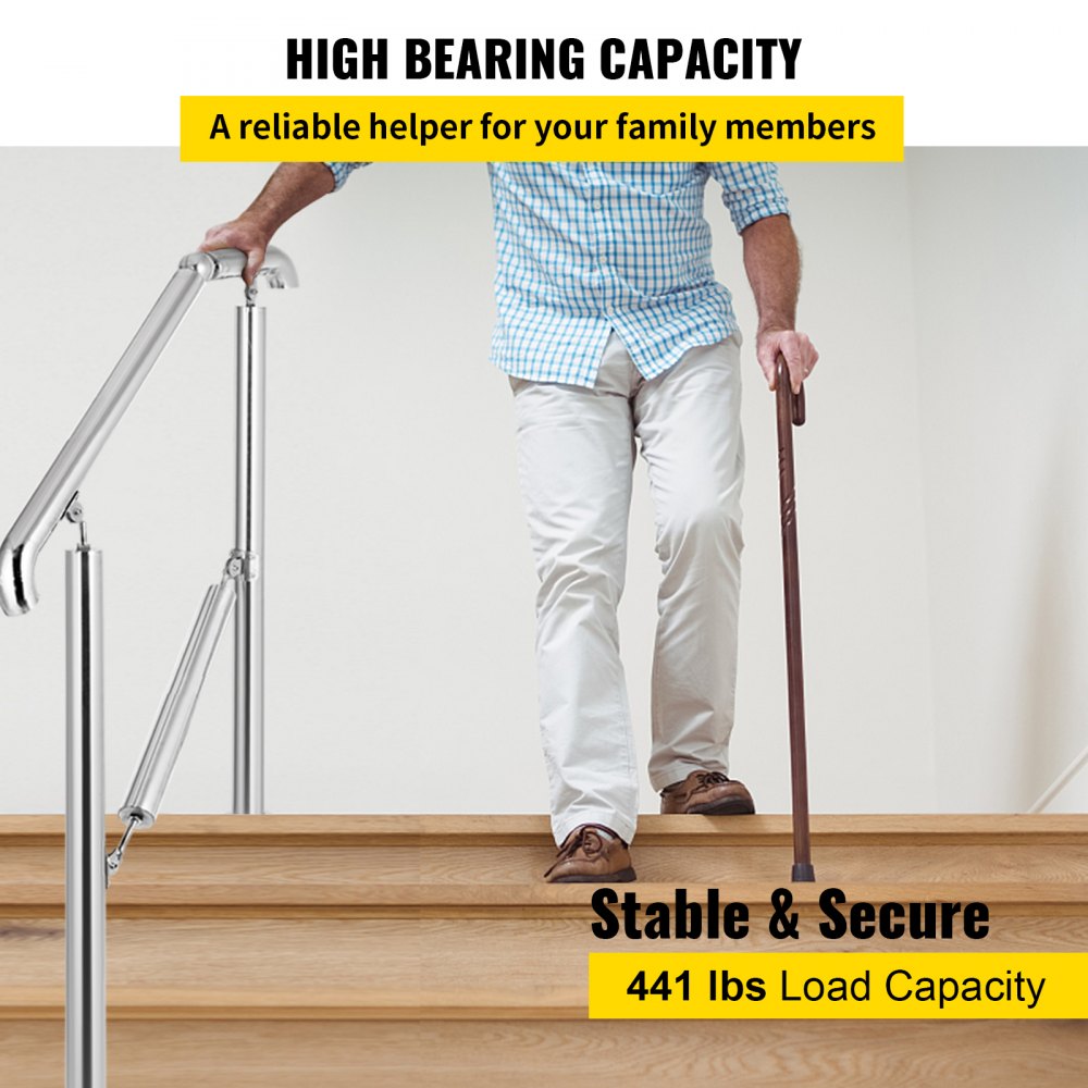 VEVOR 3 Step Railing Stainless Steel Transitional Handrail fit for Level Surface and 1 to 3 Steps Adjustable Stair Railing Indoor Outdoor Step Railings 220lb Capacity W/ Installation Kit Porch DIY 