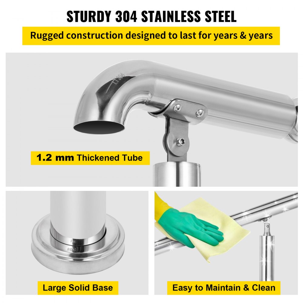 VEVOR 3 Step Railing Stainless Steel Transitional Handrail fit for Level Surface and 1 to 3 Steps Adjustable Stair Railing Indoor Outdoor Step Railings 220lb Capacity W/ Installation Kit Porch DIY 