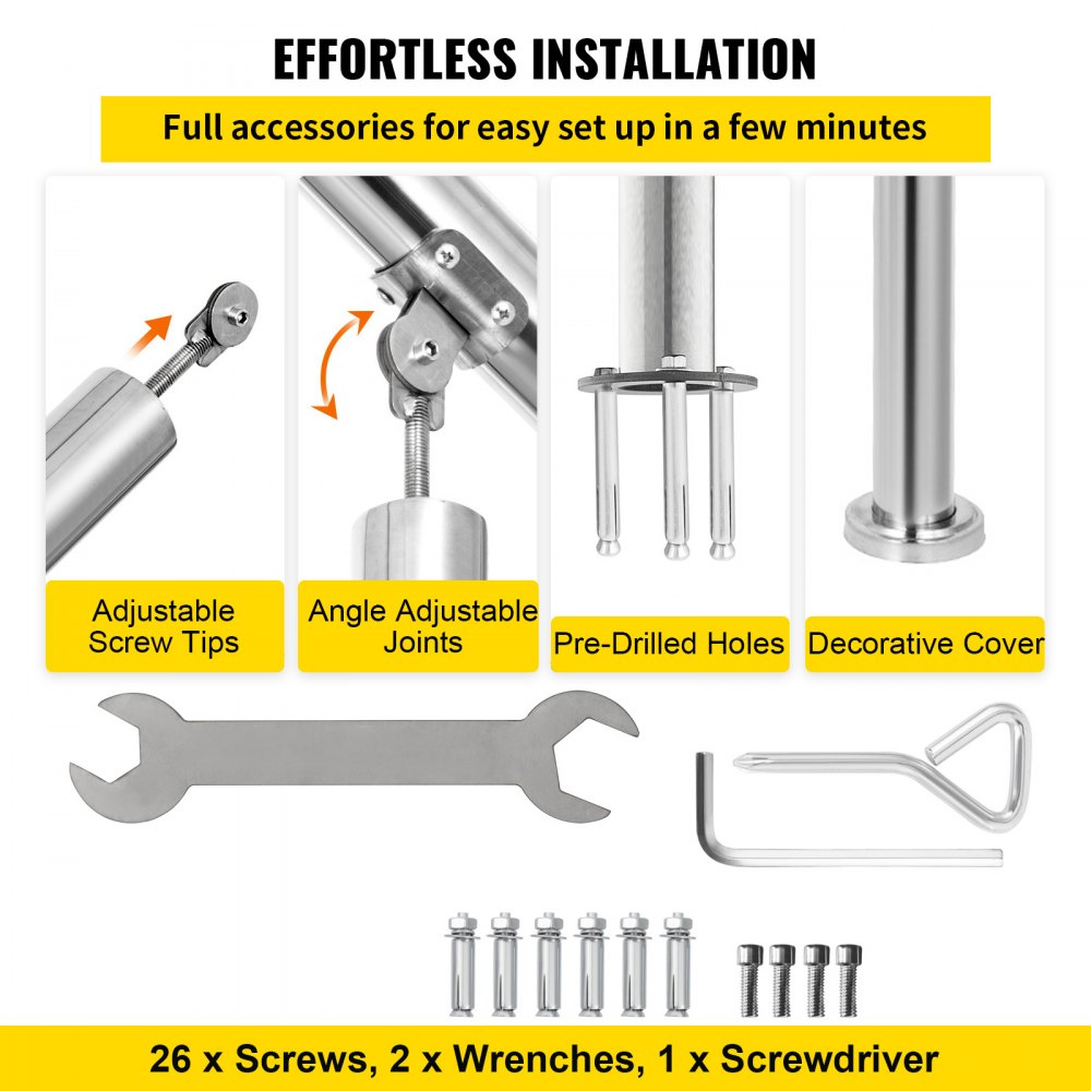 VEVOR 3 Step Railing Stainless Steel Transitional Handrail fit for Level Surface and 1 to 3 Steps Adjustable Stair Railing Indoor Outdoor Step Railings 220lb Capacity W/ Installation Kit Porch DIY 