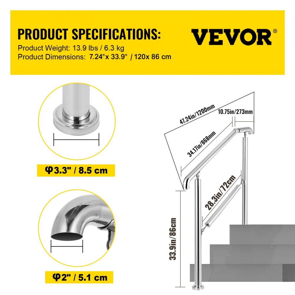 VEVOR 3 Step Railing Stainless Steel Transitional Handrail fit for Level Surface and 1 to 3 Steps Adjustable Stair Railing Indoor Outdoor Step Railings 220lb Capacity W/ Installation Kit Porch DIY 