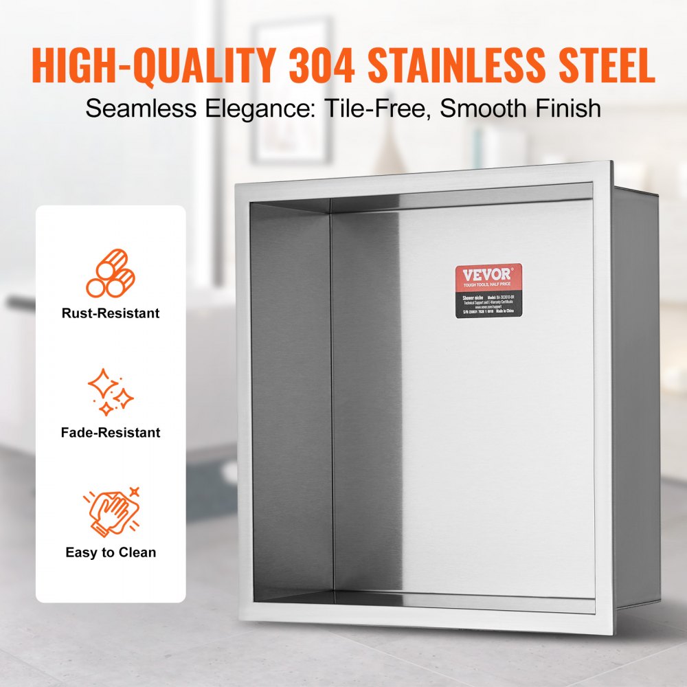 VEVOR 13"x13" No Tile Shower Niche 304 Stainless Steel, Wall-Inserted Niche Recessed Double Shelves, Sealed Waterproof Rust-Resistant Modern Niche for Shower Bathroom Soap Storage, Silver 
