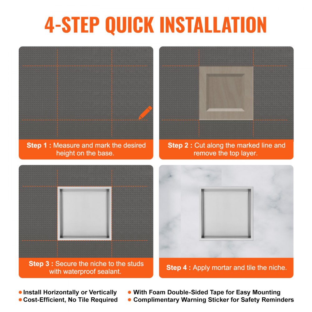 VEVOR 13"x13" No Tile Shower Niche 304 Stainless Steel, Wall-Inserted Niche Recessed Double Shelves, Sealed Waterproof Rust-Resistant Modern Niche for Shower Bathroom Soap Storage, Silver 
