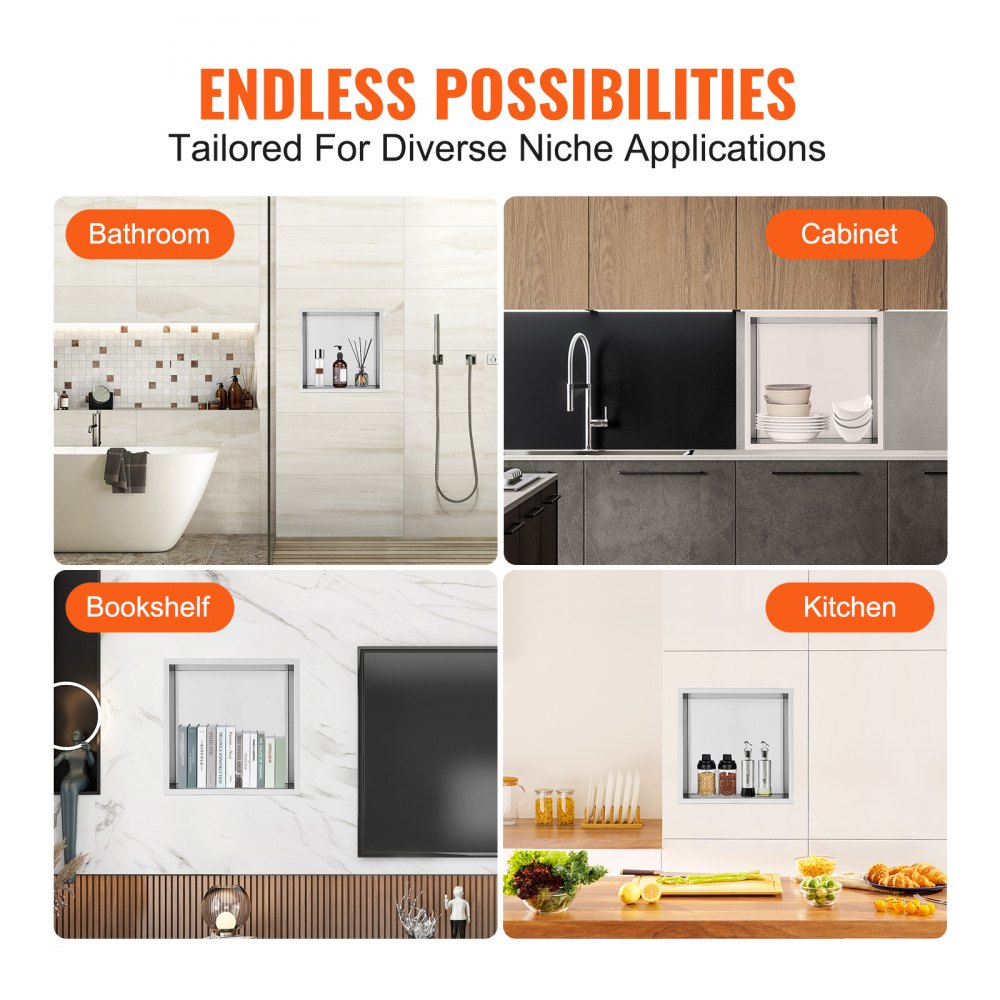VEVOR 13"x13" No Tile Shower Niche 304 Stainless Steel, Wall-Inserted Niche Recessed Double Shelves, Sealed Waterproof Rust-Resistant Modern Niche for Shower Bathroom Soap Storage, Silver 
