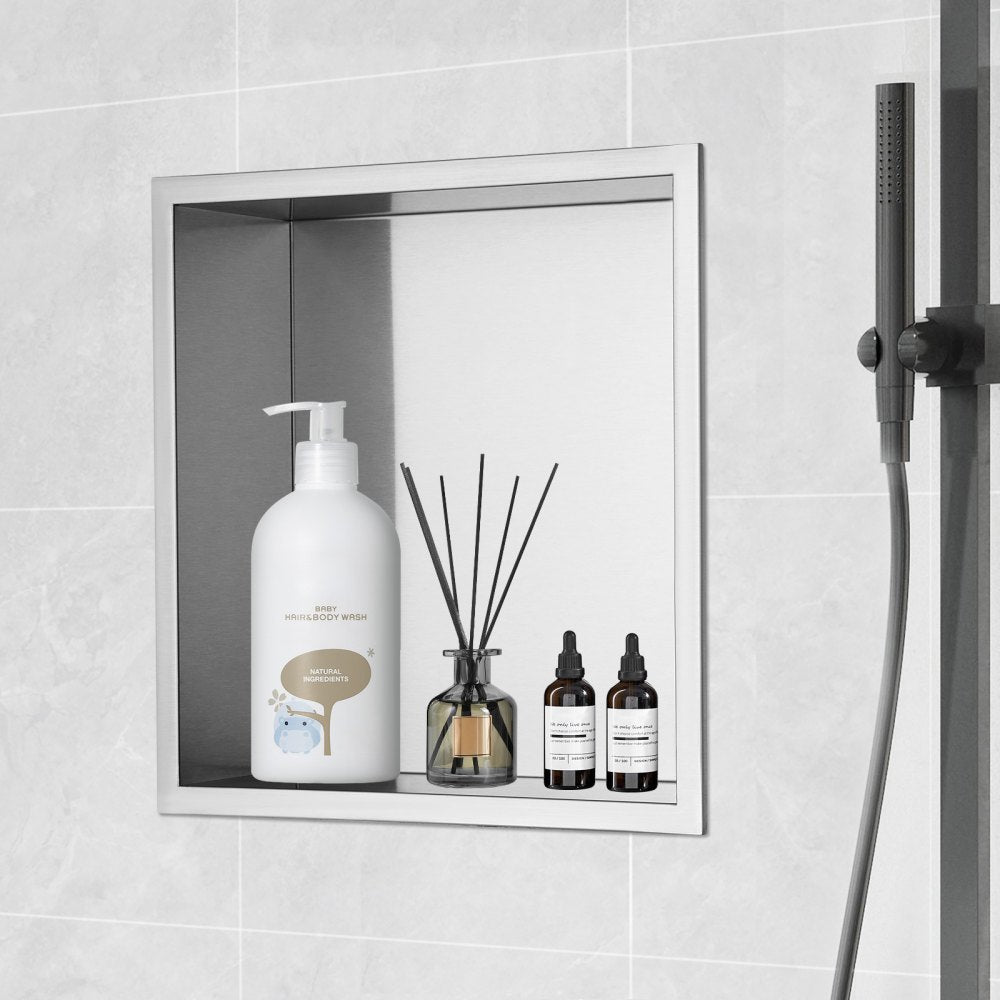 VEVOR 13"x13" No Tile Shower Niche 304 Stainless Steel, Wall-Inserted Niche Recessed Double Shelves, Sealed Waterproof Rust-Resistant Modern Niche for Shower Bathroom Soap Storage, Silver 