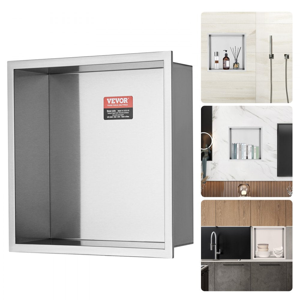VEVOR 13"x13" No Tile Shower Niche 304 Stainless Steel, Wall-Inserted Niche Recessed Double Shelves, Sealed Waterproof Rust-Resistant Modern Niche for Shower Bathroom Soap Storage, Silver 