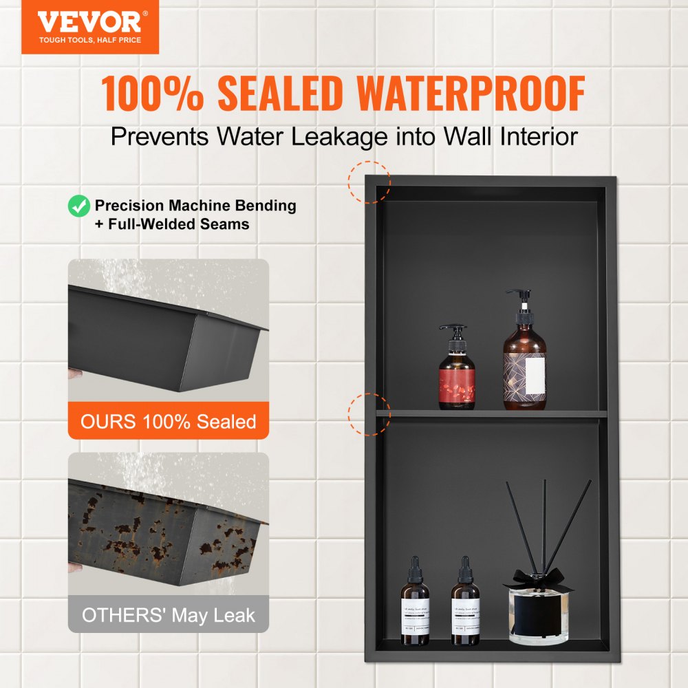 VEVOR 13"x25" No Tile Shower Niche 304 Stainless Steel, Wall-Inserted Niche Recessed Double Shelves, Sealed Waterproof Rust-Resistant Easy Cleaning Modern Niche for Shower or Soap Storage Bathroom 