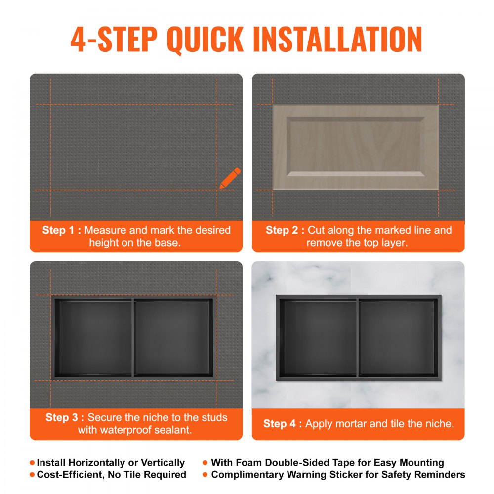 VEVOR 13"x25" No Tile Shower Niche 304 Stainless Steel, Wall-Inserted Niche Recessed Double Shelves, Sealed Waterproof Rust-Resistant Easy Cleaning Modern Niche for Shower or Soap Storage Bathroom 