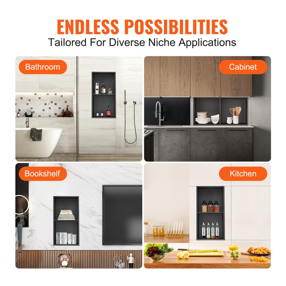 VEVOR 13"x25" No Tile Shower Niche 304 Stainless Steel, Wall-Inserted Niche Recessed Double Shelves, Sealed Waterproof Rust-Resistant Easy Cleaning Modern Niche for Shower or Soap Storage Bathroom 
