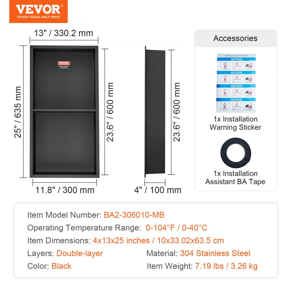 VEVOR 13"x25" No Tile Shower Niche 304 Stainless Steel, Wall-Inserted Niche Recessed Double Shelves, Sealed Waterproof Rust-Resistant Easy Cleaning Modern Niche for Shower or Soap Storage Bathroom 