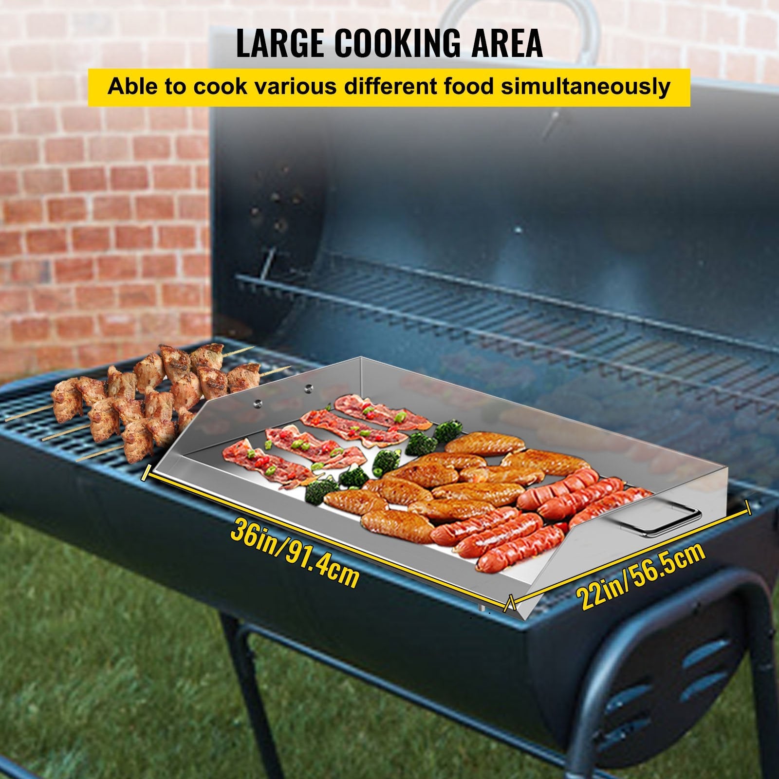 VEVOR Stainless Steel Griddle,36\" x 22\" Universal Flat Top Rectangular Plate, BBQ Charcoal/Gas Non-Stick Grill with 2 Handles and Grease Groove with Hole?Grills for Camping, Tailgating and Parties 