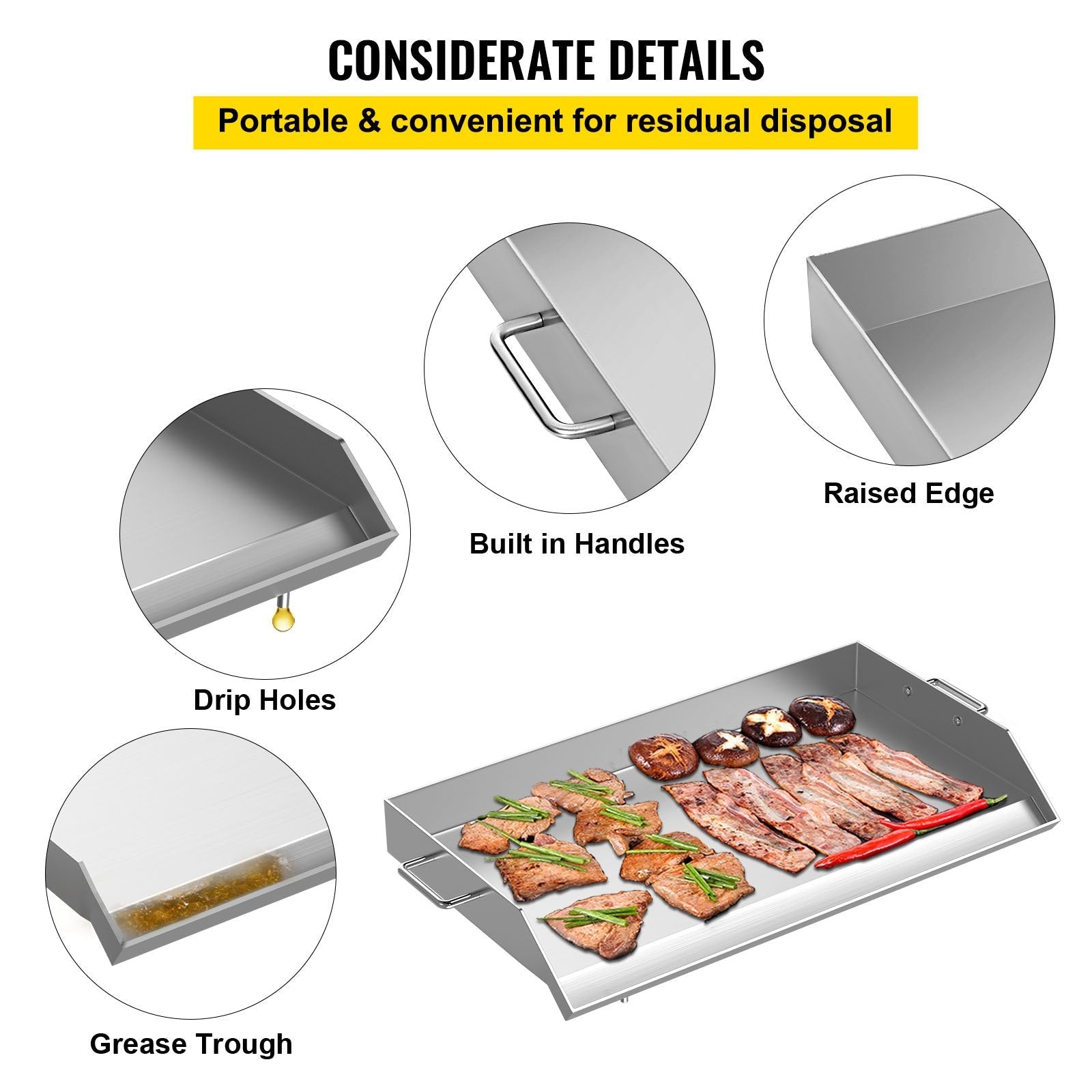 VEVOR Stainless Steel Griddle,36\" x 22\" Universal Flat Top Rectangular Plate, BBQ Charcoal/Gas Non-Stick Grill with 2 Handles and Grease Groove with Hole?Grills for Camping, Tailgating and Parties 