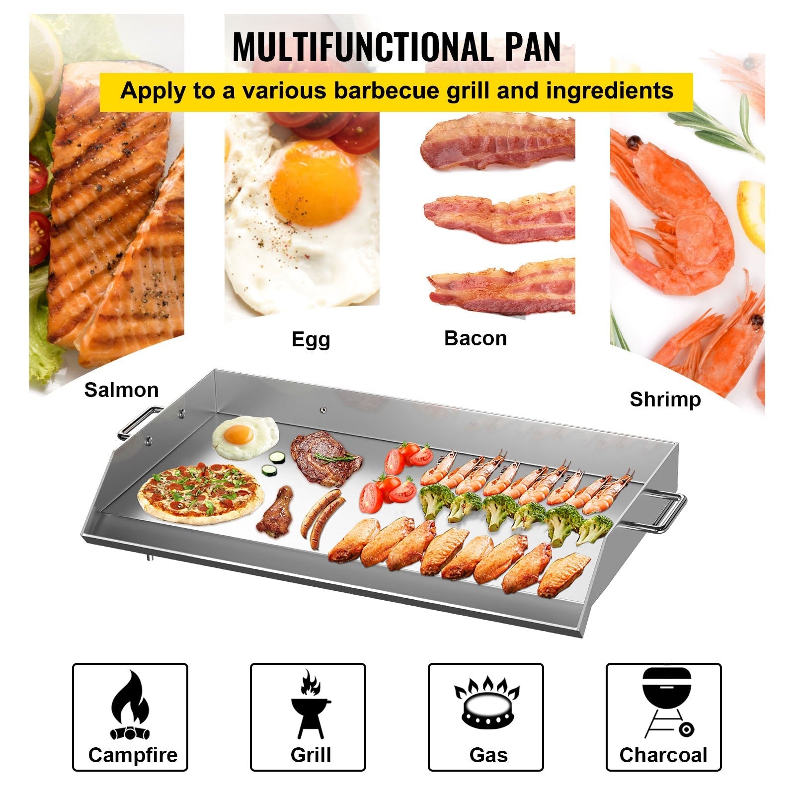 VEVOR Stainless Steel Griddle,36\" x 22\" Universal Flat Top Rectangular Plate, BBQ Charcoal/Gas Non-Stick Grill with 2 Handles and Grease Groove with Hole?Grills for Camping, Tailgating and Parties 