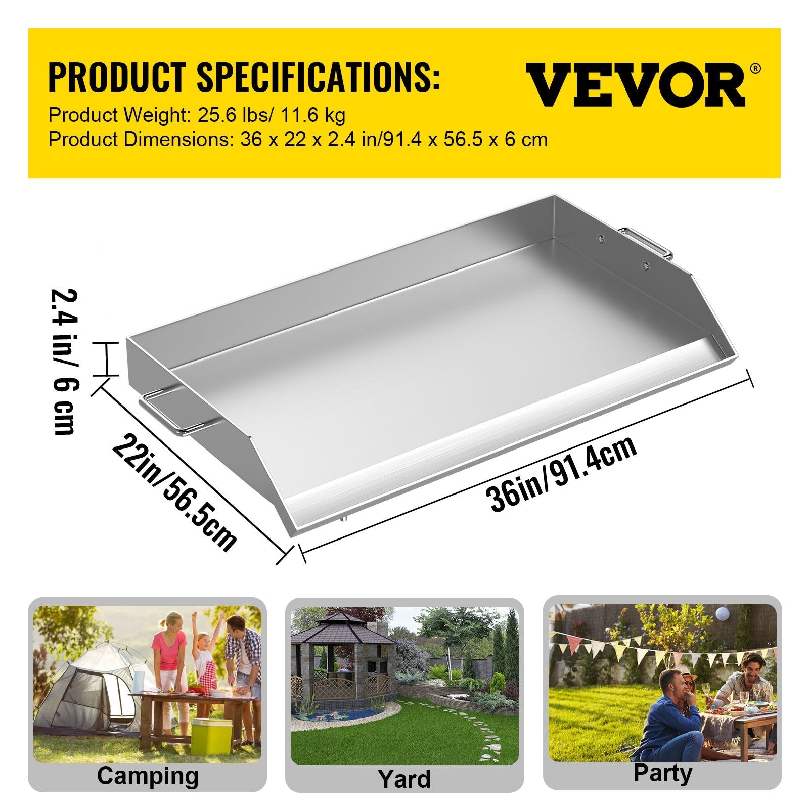 VEVOR Stainless Steel Griddle,36\" x 22\" Universal Flat Top Rectangular Plate, BBQ Charcoal/Gas Non-Stick Grill with 2 Handles and Grease Groove with Hole?Grills for Camping, Tailgating and Parties 