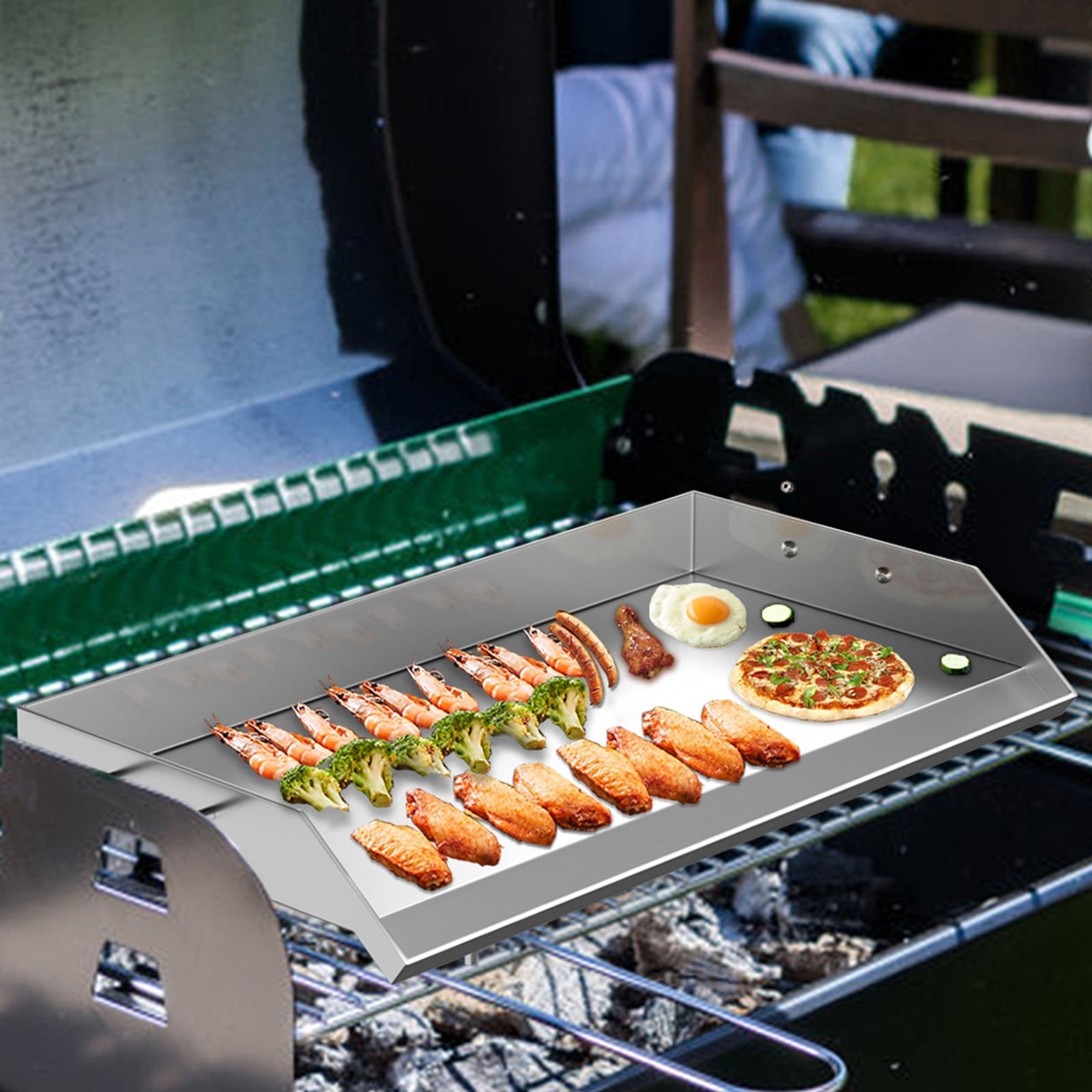 VEVOR Stainless Steel Griddle,36\" x 22\" Universal Flat Top Rectangular Plate, BBQ Charcoal/Gas Non-Stick Grill with 2 Handles and Grease Groove with Hole?Grills for Camping, Tailgating and Parties 