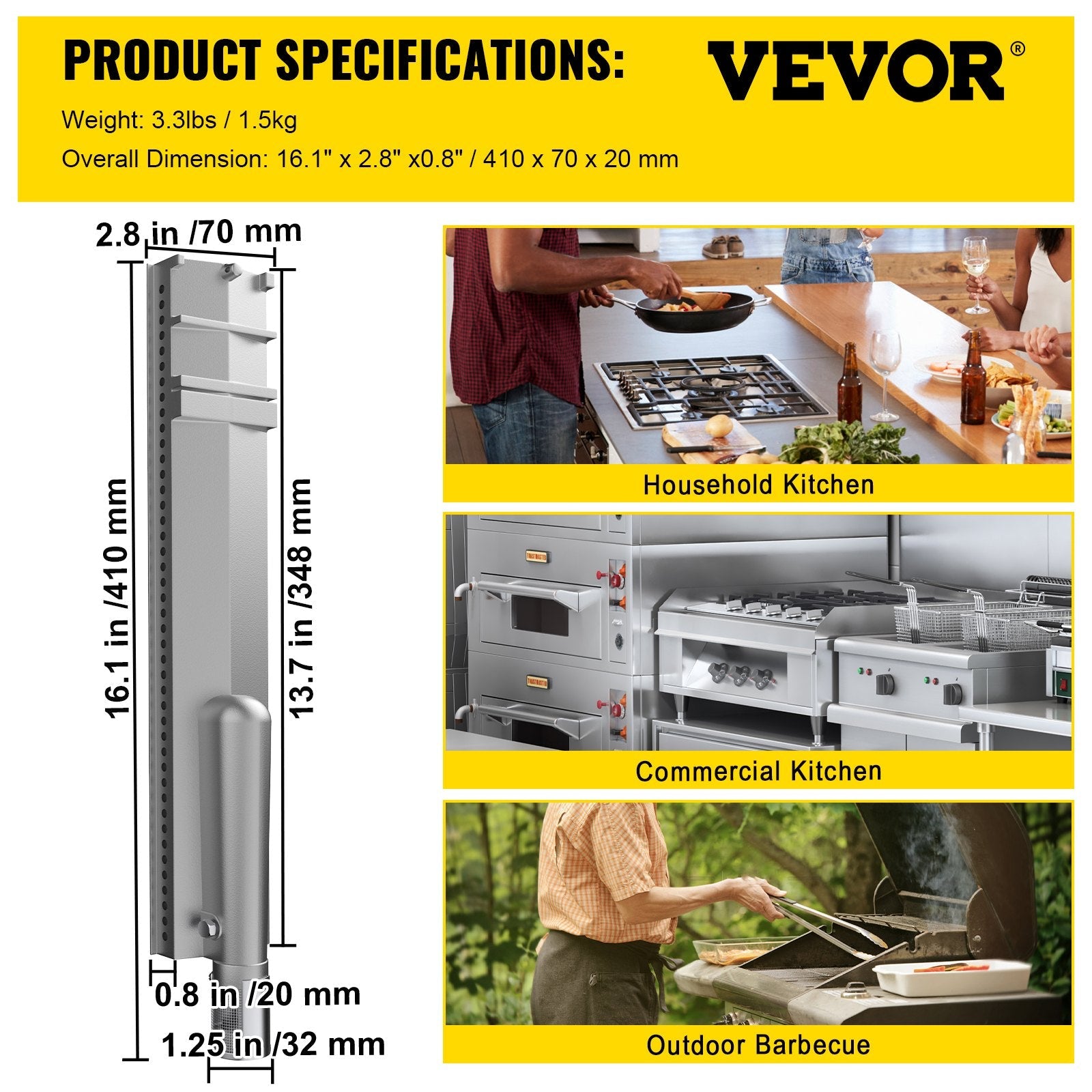 VEVOR Grill Burners, Stainless Steel BBQ Burners Replacement, 1 Pack Grill Burner Replacement, Flame Grill with 16.1\" Length Barbecue Replacement Parts with Evenly Burning for for Premium Gas Grills 