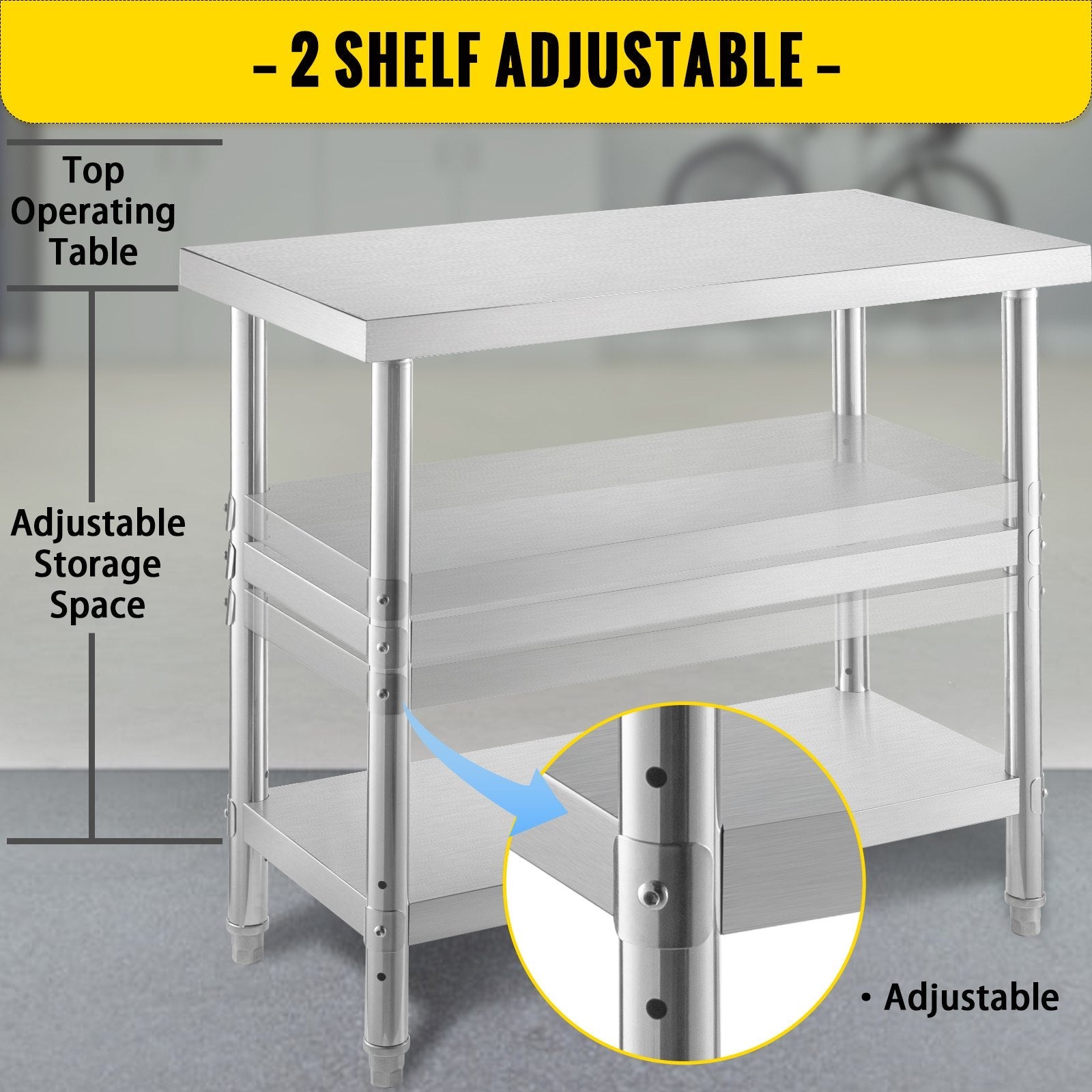 VEVOR Outdoor Food Prep Table, 24x14x33 in Commercial Stainless Steel Table, 2 Adjustable Undershelf BBQ Prep Table, Heavy Duty Kitchen Work Table, for Garage, Home, Warehouse, and Kitchen Silver 