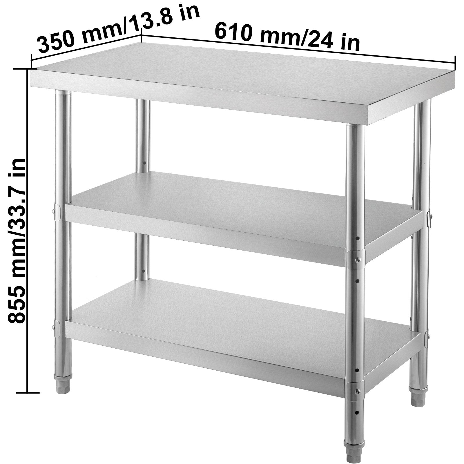 VEVOR Outdoor Food Prep Table, 24x14x33 in Commercial Stainless Steel Table, 2 Adjustable Undershelf BBQ Prep Table, Heavy Duty Kitchen Work Table, for Garage, Home, Warehouse, and Kitchen Silver 