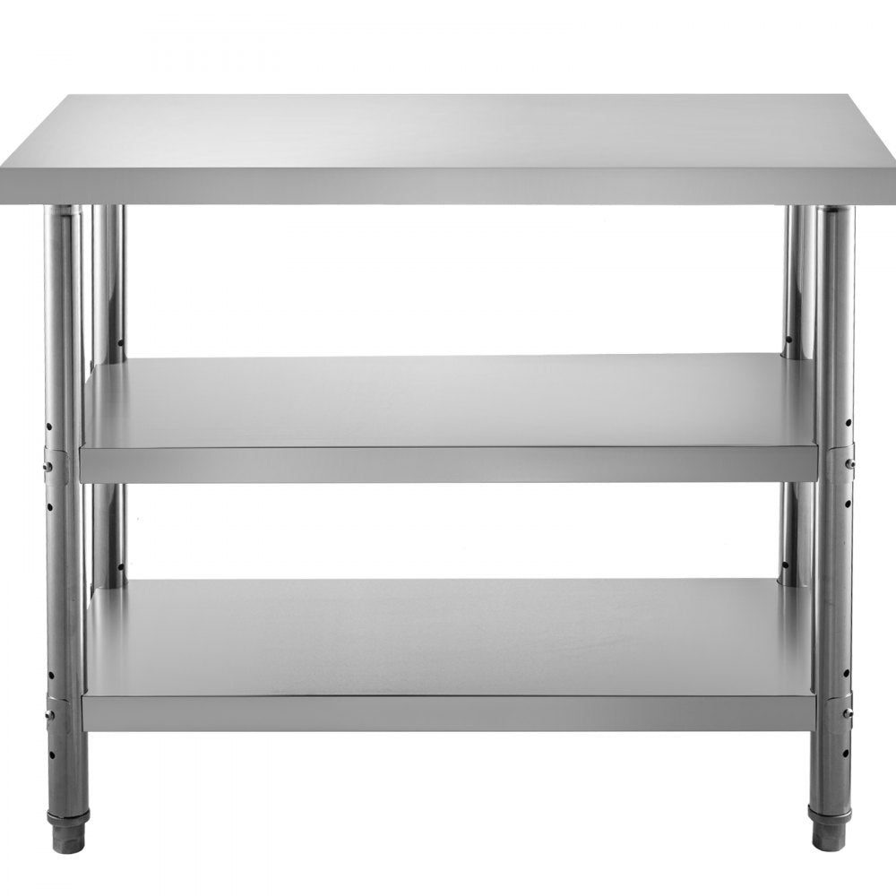 VEVOR Outdoor Food Prep Table, 48x14x33 in Commercial Stainless Steel Table, 2 Adjustable Undershelf BBQ Prep Table, Heavy Duty Kitchen Work Table, for Garage, Home, Warehouse, and Kitchen Silver 