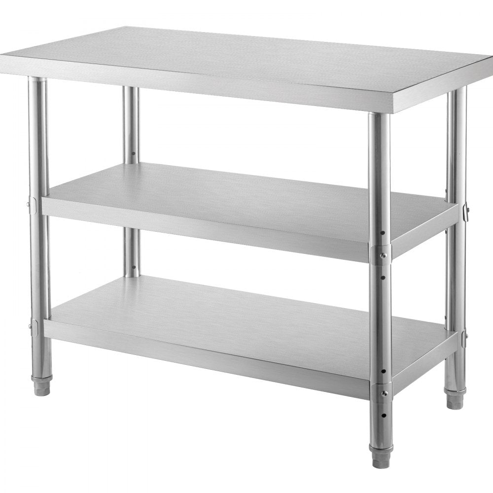 VEVOR Outdoor Food Prep Table, 48x14x33 in Commercial Stainless Steel Table, 2 Adjustable Undershelf BBQ Prep Table, Heavy Duty Kitchen Work Table, for Garage, Home, Warehouse, and Kitchen Silver 