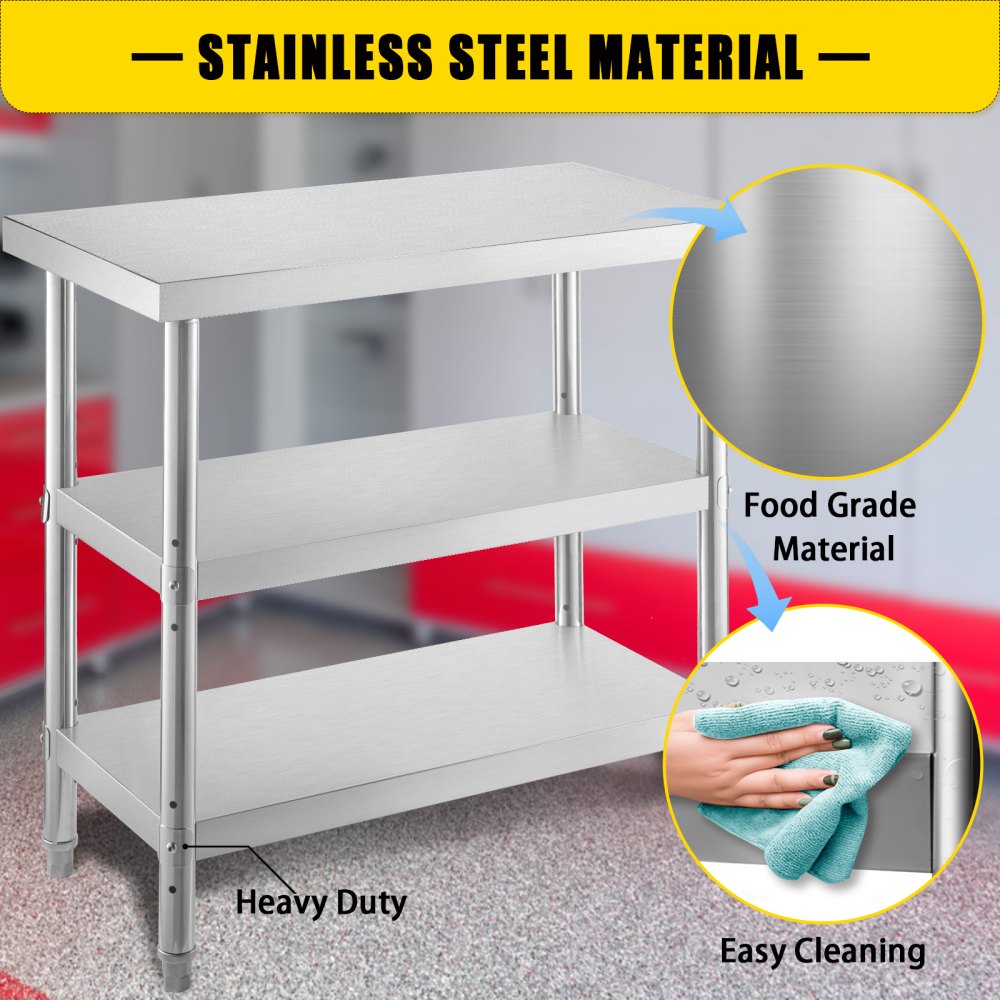 VEVOR Outdoor Food Prep Table, 48x14x33 in Commercial Stainless Steel Table, 2 Adjustable Undershelf BBQ Prep Table, Heavy Duty Kitchen Work Table, for Garage, Home, Warehouse, and Kitchen Silver 