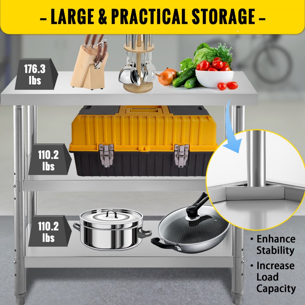 VEVOR Outdoor Food Prep Table, 48x14x33 in Commercial Stainless Steel Table, 2 Adjustable Undershelf BBQ Prep Table, Heavy Duty Kitchen Work Table, for Garage, Home, Warehouse, and Kitchen Silver 