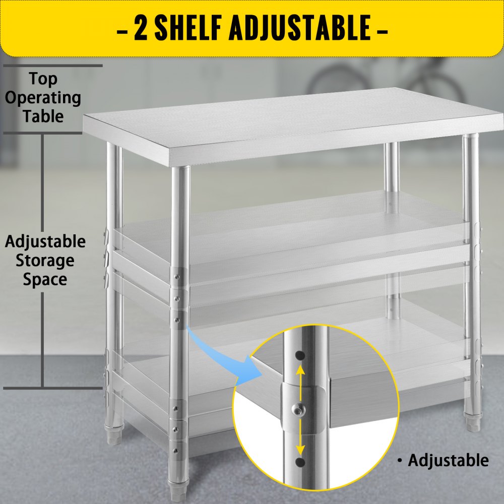 VEVOR Outdoor Food Prep Table, 48x14x33 in Commercial Stainless Steel Table, 2 Adjustable Undershelf BBQ Prep Table, Heavy Duty Kitchen Work Table, for Garage, Home, Warehouse, and Kitchen Silver 