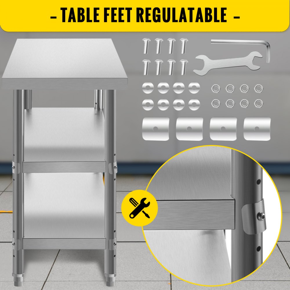 VEVOR Outdoor Food Prep Table, 48x14x33 in Commercial Stainless Steel Table, 2 Adjustable Undershelf BBQ Prep Table, Heavy Duty Kitchen Work Table, for Garage, Home, Warehouse, and Kitchen Silver 