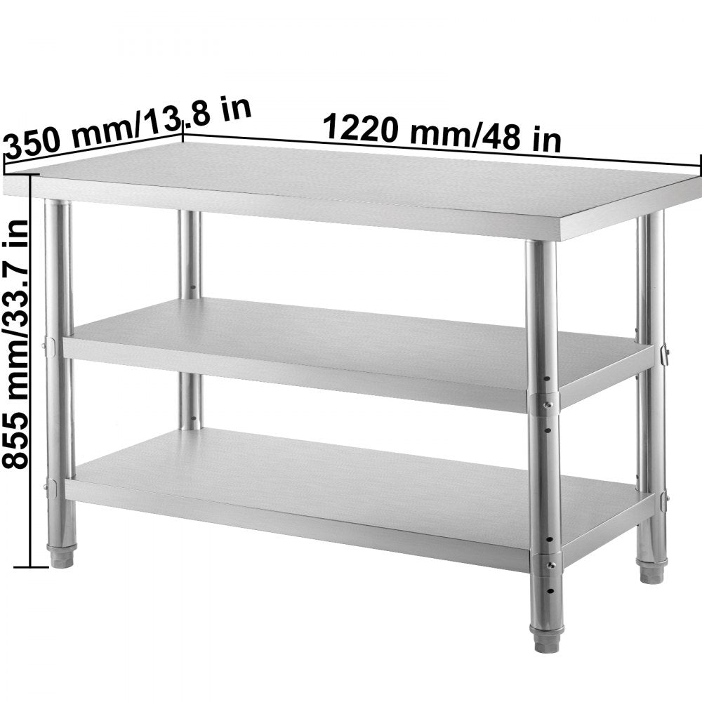 VEVOR Outdoor Food Prep Table, 48x14x33 in Commercial Stainless Steel Table, 2 Adjustable Undershelf BBQ Prep Table, Heavy Duty Kitchen Work Table, for Garage, Home, Warehouse, and Kitchen Silver 