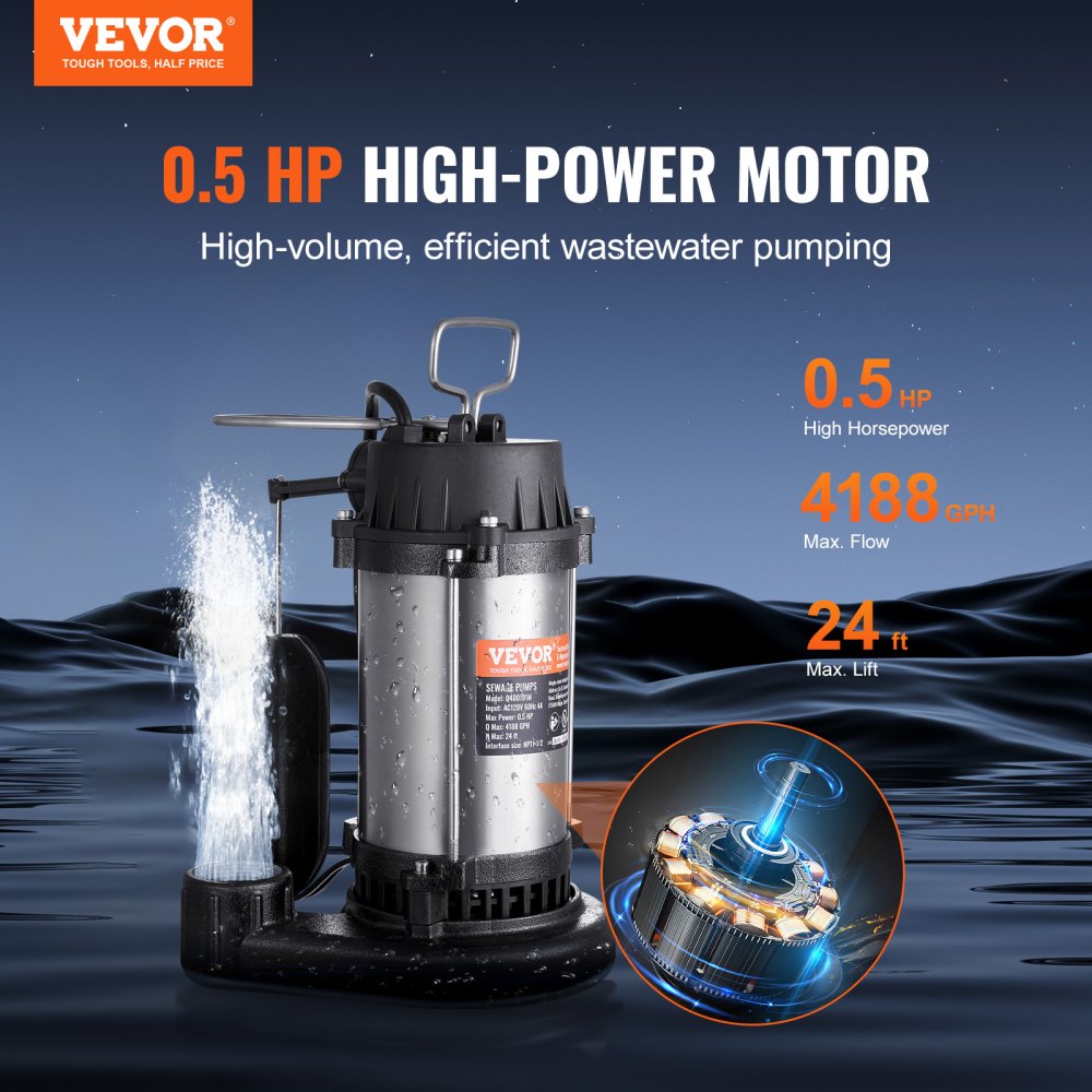 VEVOR Submersible Sewage Pump Water Pump 0.5HP 4188GPH 24 ft Lift for Basement 