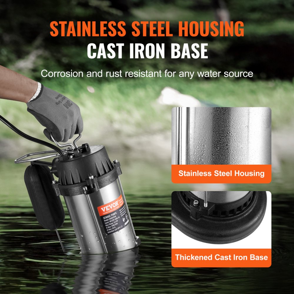 VEVOR Submersible Sewage Pump Water Pump 0.5HP 4188GPH 24 ft Lift for Basement 