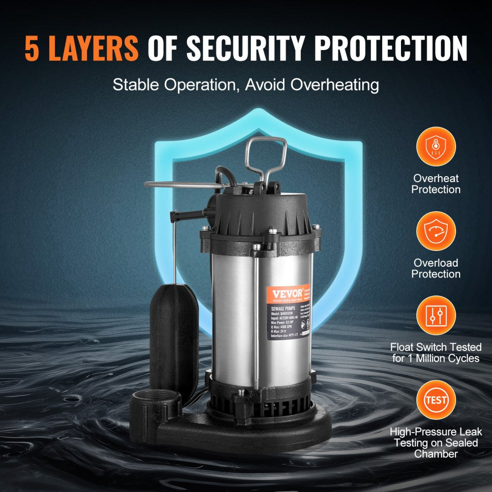 VEVOR Submersible Sewage Pump Water Pump 0.5HP 4188GPH 24 ft Lift for Basement 